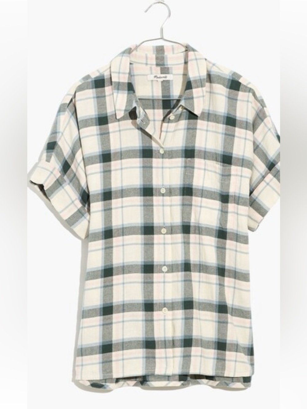 Madewell Plaid Short-Sleeve Button-Down Shirt in Cream, Green & Gray